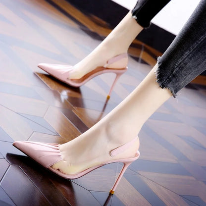 Pleated Pointed Thin Heeled Sexy Back Empty Shallow Fairy Style High Heel