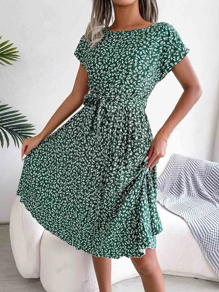 Fashion Floral A Line Short Sleeve High Waist Chic Midi Dresses