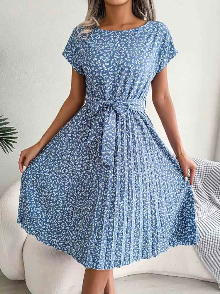 Floral Pleated A Line Long Spring Short High Chic  Midi Dresses