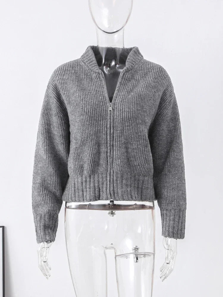 Fashion Grey Spring Long Sleeve Pleated Female Elegant Casual Cardigan