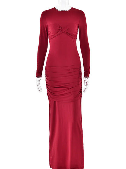 Red Christmas Party Dress - O-neck Long Sleeve Bodycon