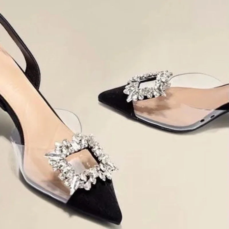 Fashion Ankle-wrap Summer Pointed Toe Solid Shiny Diamond Noble Low Heel Pumps