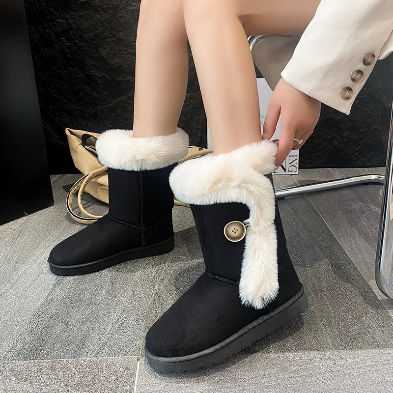 Female Shoes on Sale 2024 Winter Fashion Warm Women's Mid-calf Boots Casual and Versatile Plush Cotton Boots Botas De Mujer