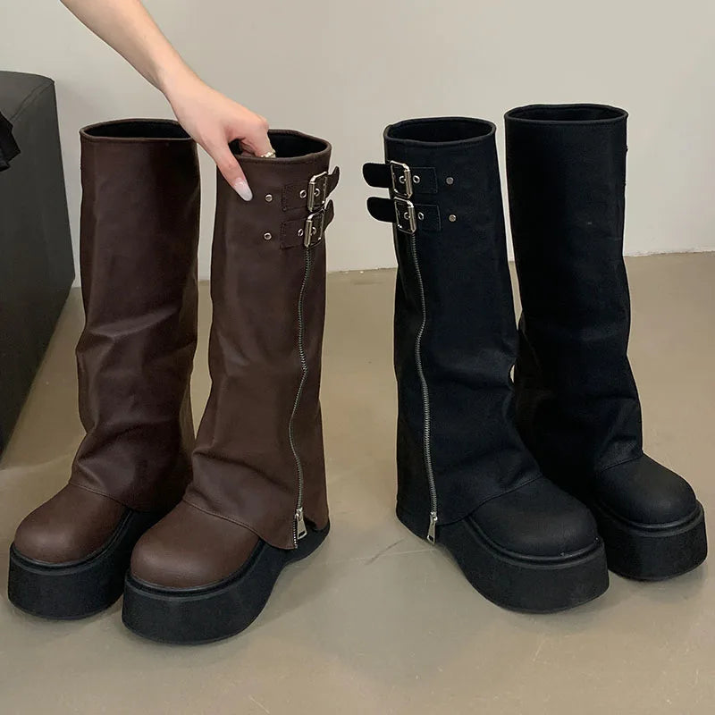 Female Thick Soled Designer Zippers Platform Western Long Knee High Boots