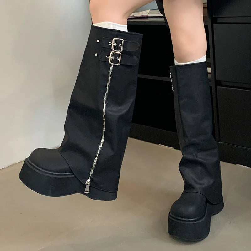 Female Thick Soled Designer Zippers Platform Western Long Knee High Boots