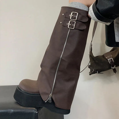 Female Thick Soled Designer Zippers Platform Western Long Knee High Boots