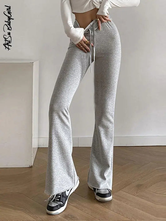 Elastic High Waist Sports Tie Up Flared Leggings Sweatpants