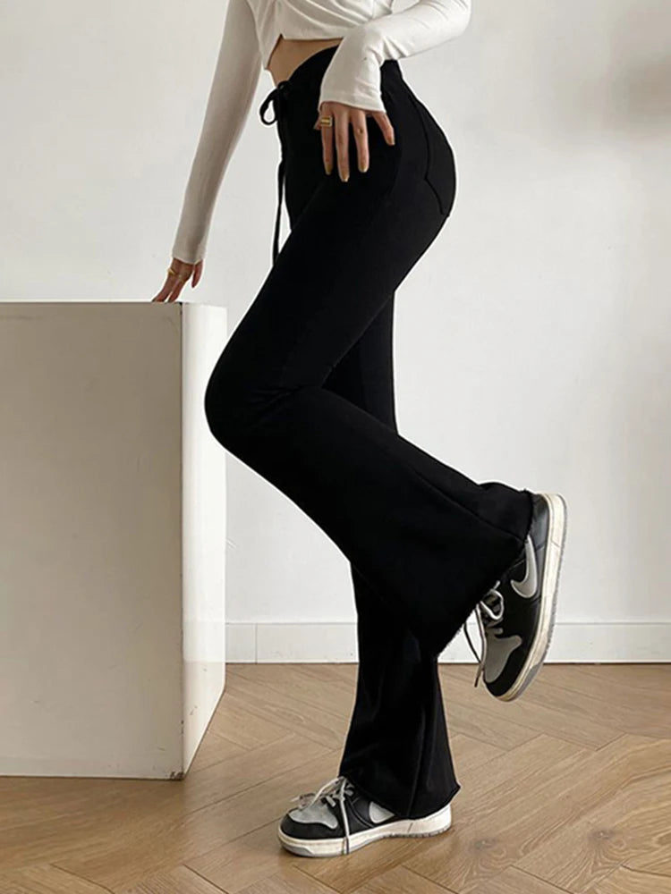 Elastic High Waist Sports Tie Up Flared Leggings Sweatpants