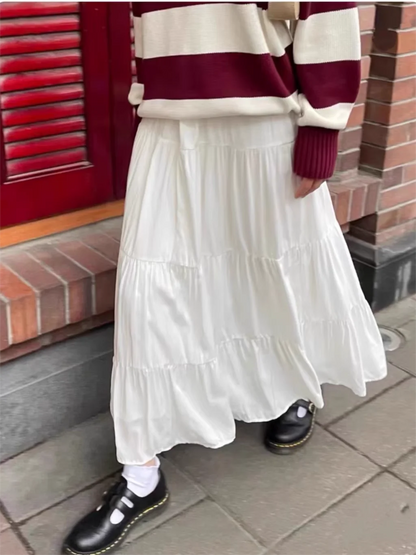 Folds Lace-up White Maxi Skirts Woman Summer High Waist A-line Loose Faldas Casual Sweet Simple Preppy Style Cute Long Skirt