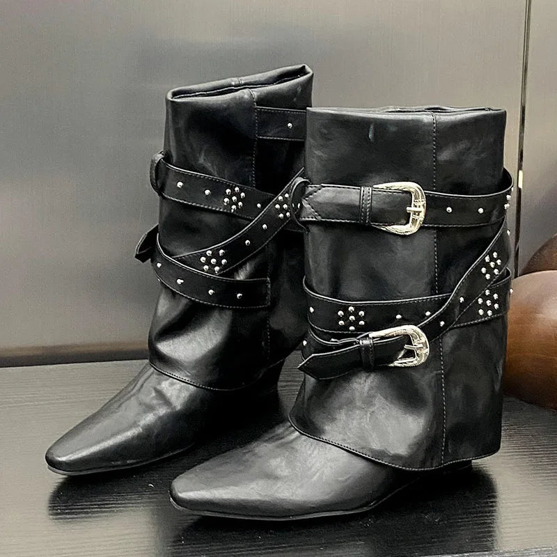 Riveted Autumn Winter Wedged Short Modern Buckled Ankle Boot