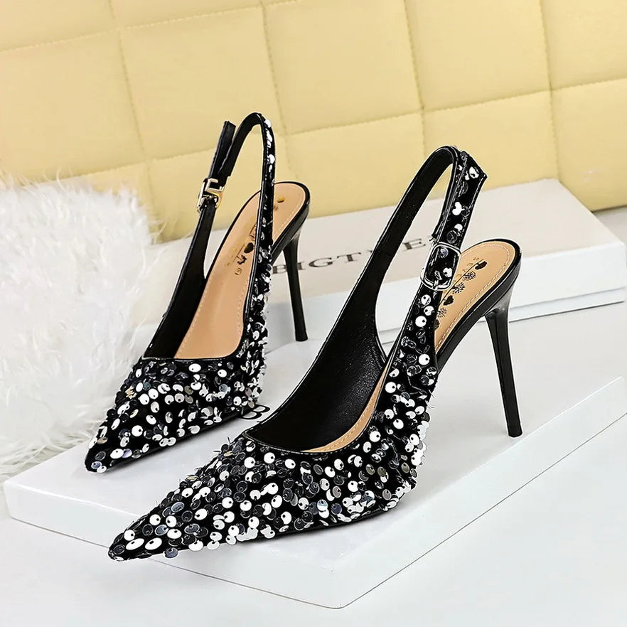 Glitter Luxury Pointed Toe Golden Thin Heels Party Dress High Heel