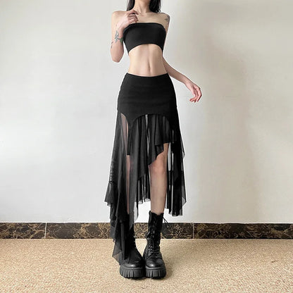 Goth Cyber Y2K Irregular Hem Mid Harajuku Fashion Streetwear Mesh Patchwork Club Alt Skirt