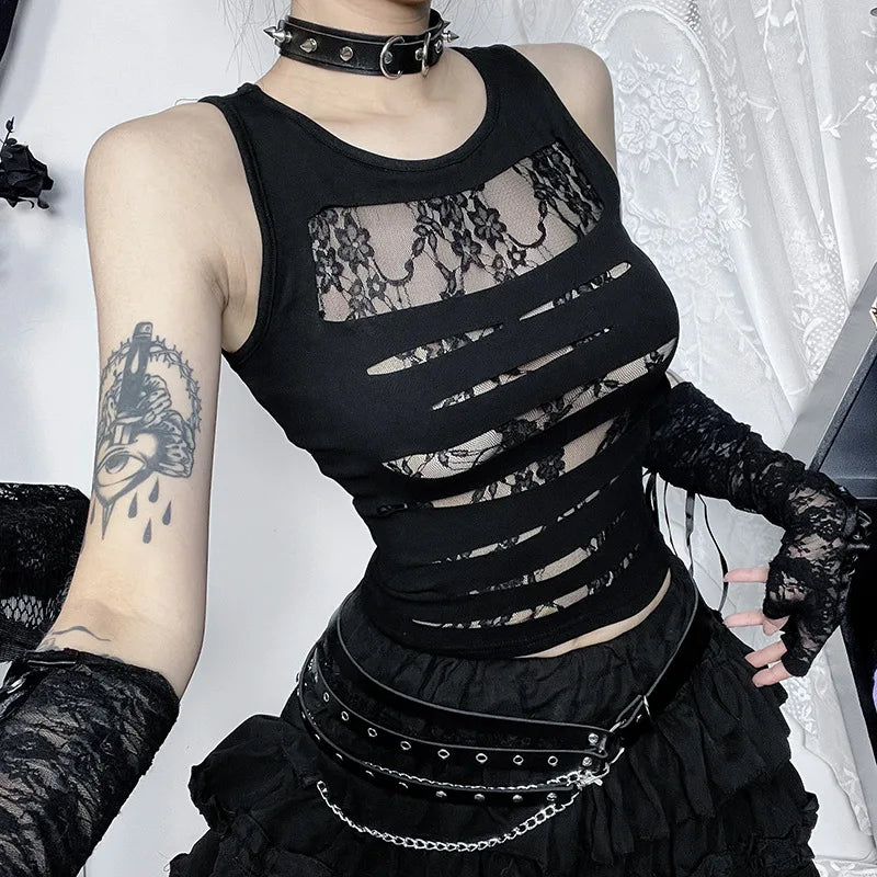 Dark Cut Out Sexy Grunge Punk Mall Gothic Splice Lace Techwear Bodycon Crop Top