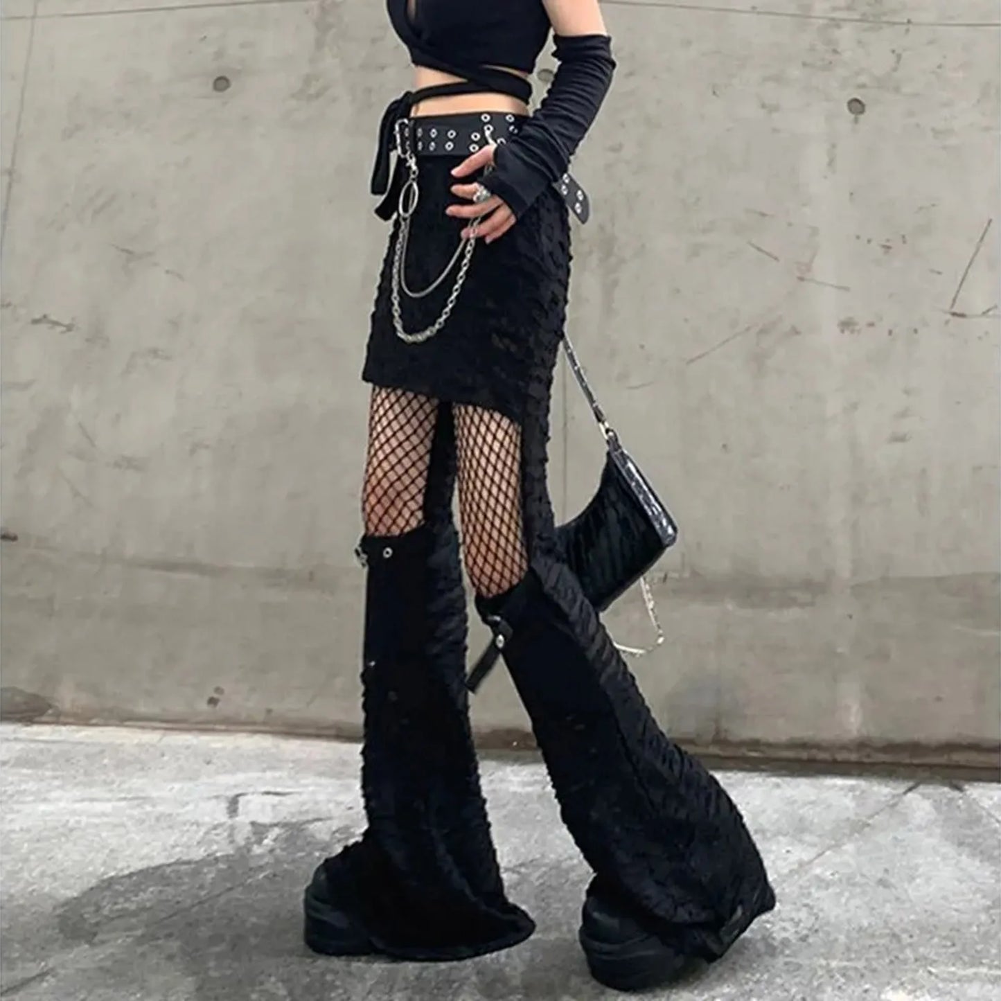 Gothic Flare Fishnet Patchwork Bandage Wide Leg Summer Punk Baggy Pants