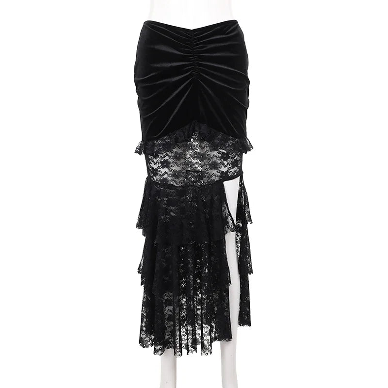 Gothic Folding Fishtail Multi-layer Splicing Split Woman Velvet High Waist Lace Patchwork Mermaid Skirt