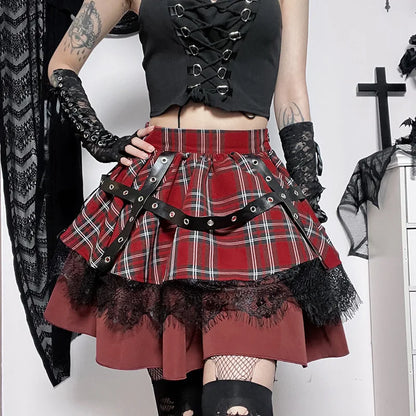 Gothic Harajuku Girls Plaid Pleated Sweet Lace Kawaii Y2k Costume Skirt