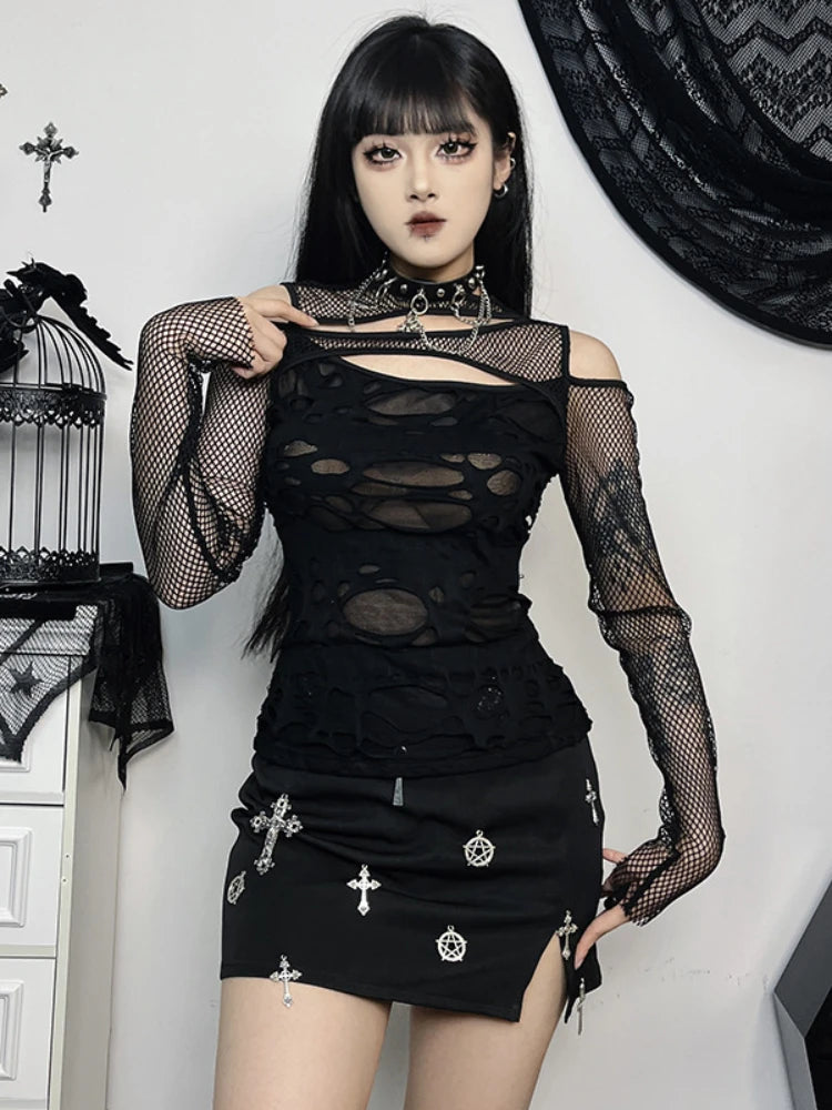 Gothic Mesh Hole Slim Fit Fishnet Sheer Mock Neck Cut Out Rave See Through Crop Top