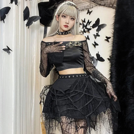 Gothic Mini Y2K Harajuku Spider Web Patchwork Lace Tassel Dark Academy Street Woman With Belt Fairy Grunge Skirt