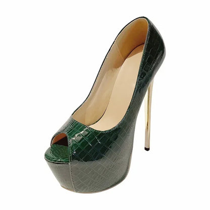 Stylish Green Snake Leather 16CM Thin High Heel Sexy Peep Toe High Heel