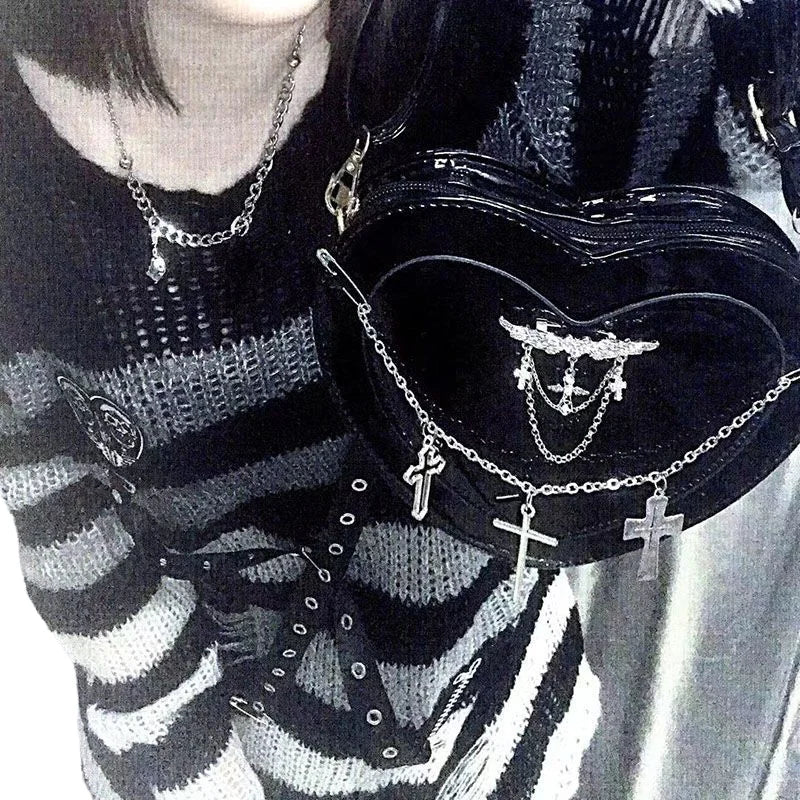 Y2K Subculture Women Cross Heart Shaped Punk Gothic Crossbody Shoulder Bag