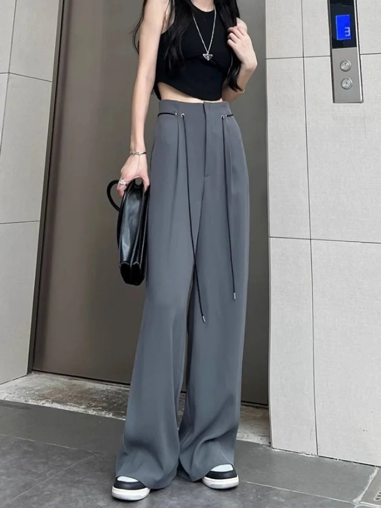 Harajuku Office Lady Basic Grey Wide Leg High Waist Chic Fashion Pant