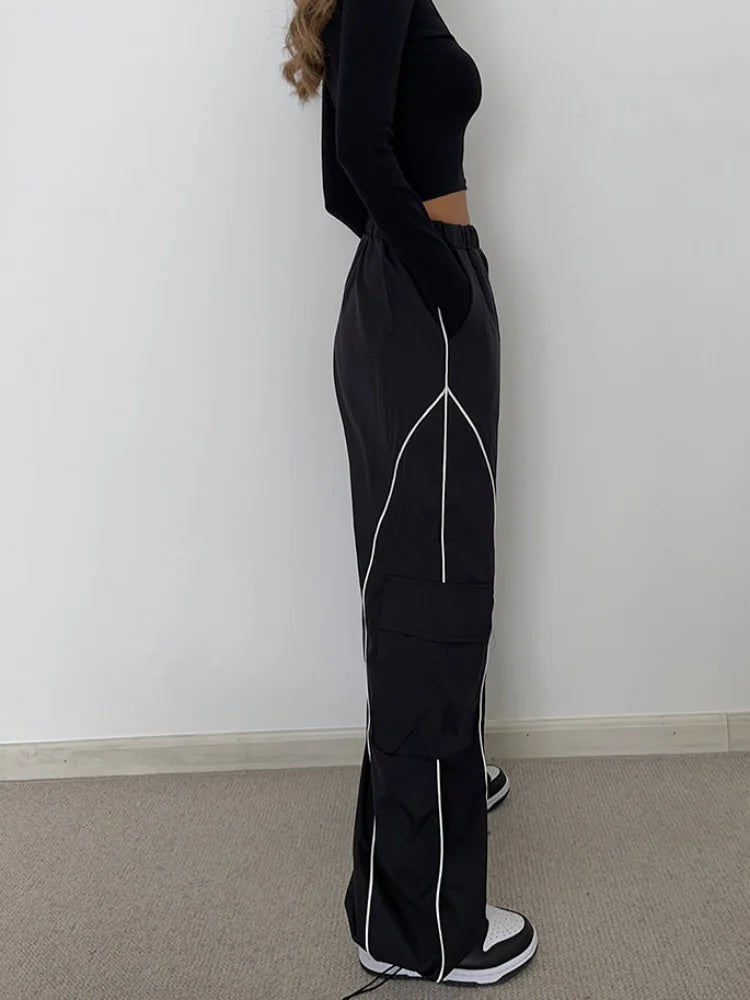 Hip Hop Reflective Cargo Cyber Punk Y2k Streetwear Oversize Striped Sweatpants Pant