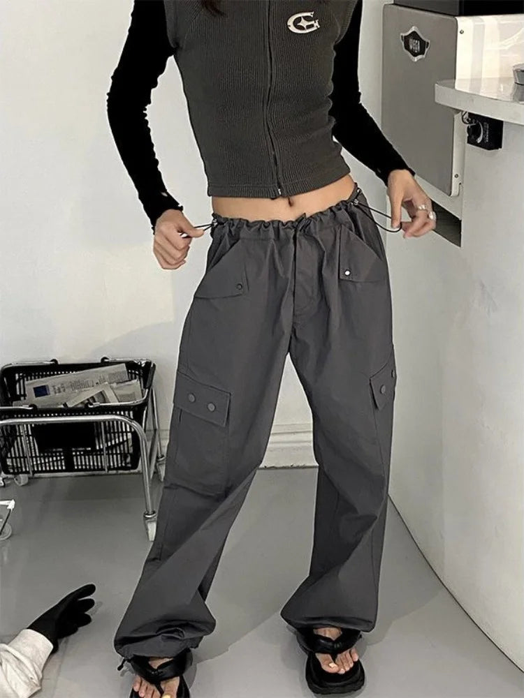 Hippie Vintage Gray Cargo Y2K Streetwear Baggy Techwear Wide Leg Sweatpant