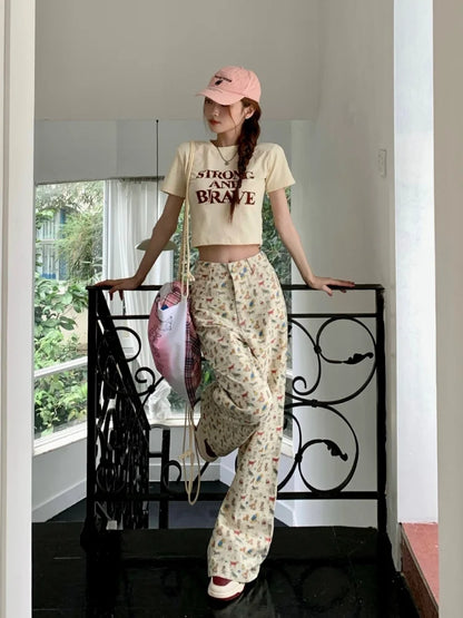 Kawaii Korean Cartoon Print Beige Harajuku Kpop Oversize Wide Y2K Pant