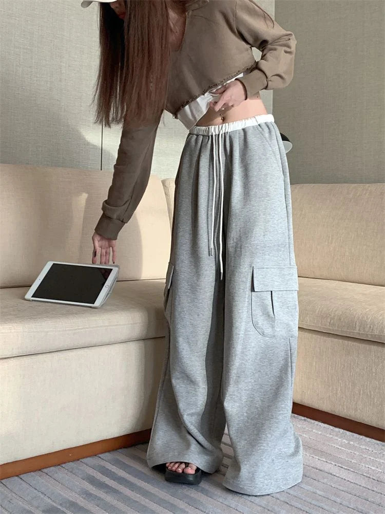 Korean Hippie Beige Wide Leg Sweatpants Harajuku Kpop Oversized Cargo Pant