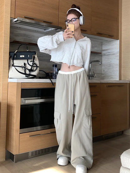 Korean Hippie Beige Wide Leg Sweatpants Harajuku Kpop Oversized Cargo Pant