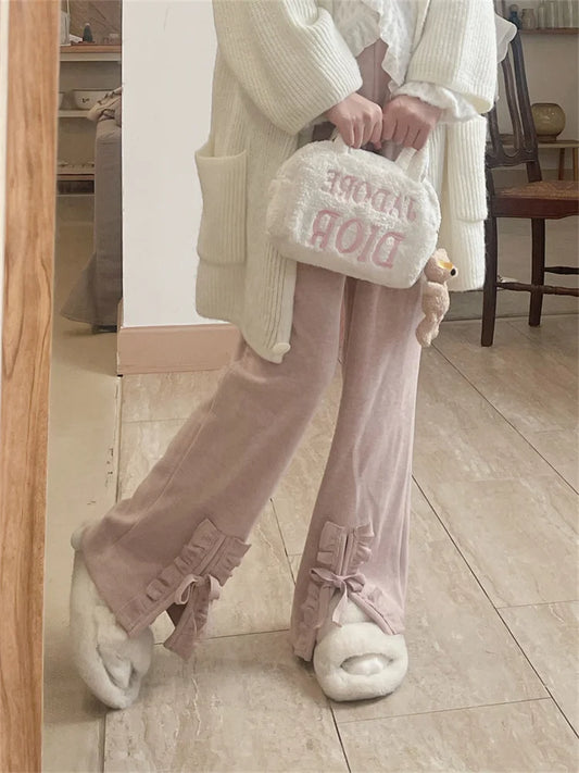 Korean Sweet Cute Pink Lolita Ruffles Beige Girly Elegant Wide Pant