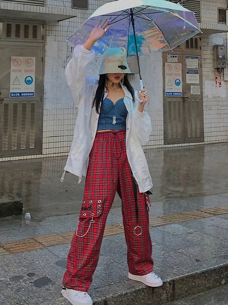 Punk Chain Cargo Women Harajuku Goth Plaid Pant