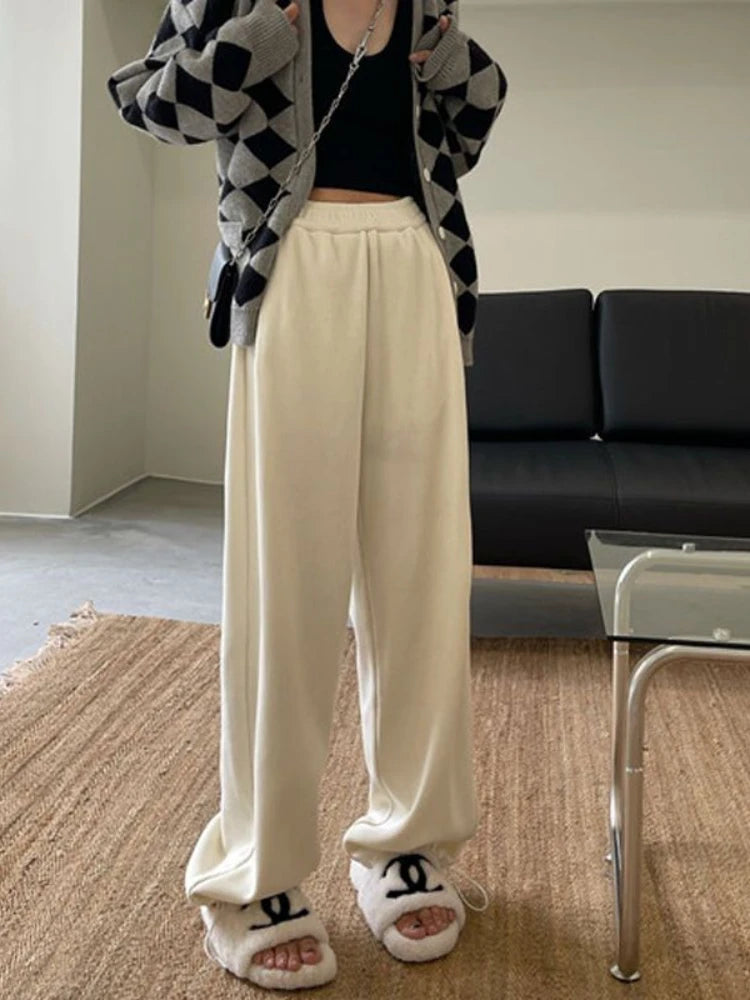 White Jogging Sweatpants Women Winter Fleece Korean Style Oversize Wide Leg Pant