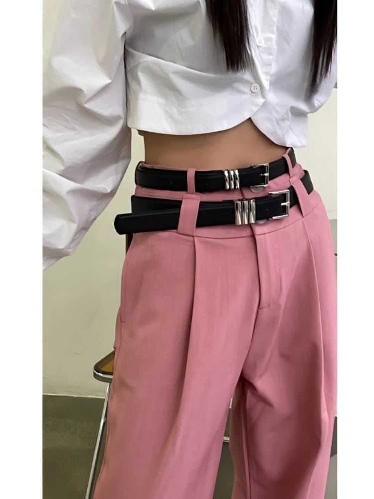 Y2K Korean Style Pink Wide Leg Harajuku Cyber Punk Belt Oversize Hippie Pant