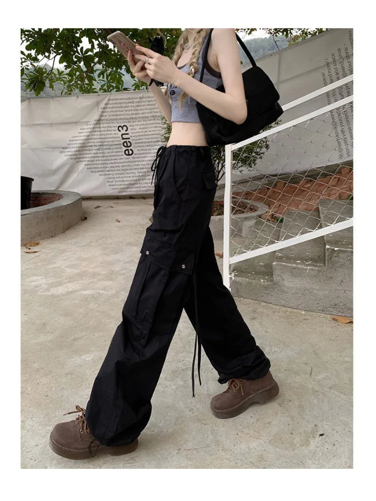 Y2K Kpop Black Cargo Harajuku Streetwear Drawstring Pockets Green Wide Pant