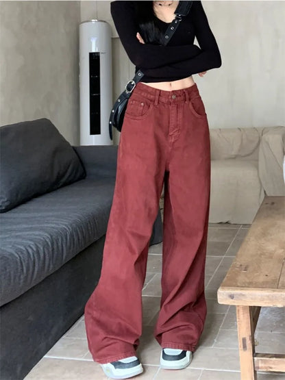 Red Oversize Denim Acubi Fashion High Waist Pant