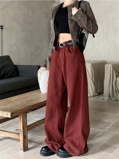 Red Oversize Denim Acubi Fashion High Waist Pant