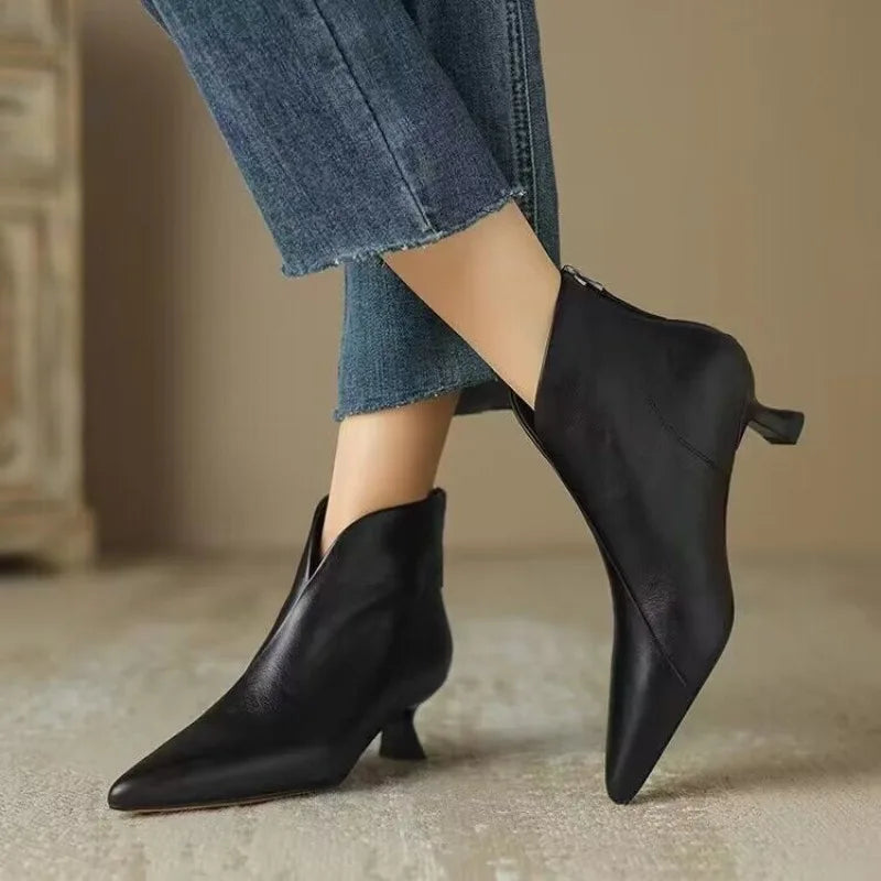 High Quality Commuting Office Sexy Pointed Toe Women's Ankle Boots Fashion Zipper Low Heel Pumps