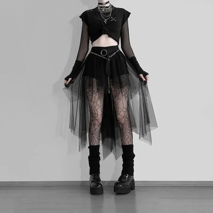 High Waisted Irregular Net Yarn Summer Gothic Casual Sexy Clothes Skirt