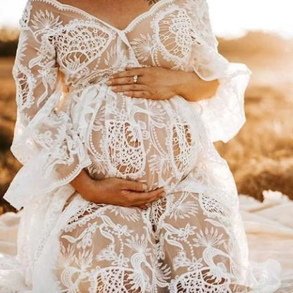 DressBetty - 2024 Hollow Out Crochet Maternity Photoshoot Lace Dress