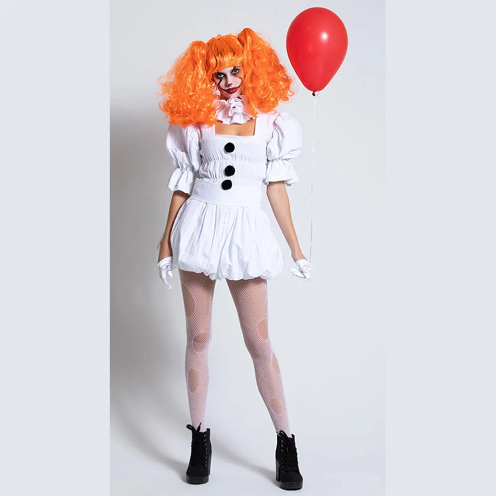 Horror Movie Clown Cosplay White Pompon Dress Suit Halloween Couple Costume