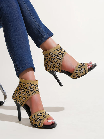 Hot Designer Knitted High Heel Open Toe Sexy Leopard Print High Heel