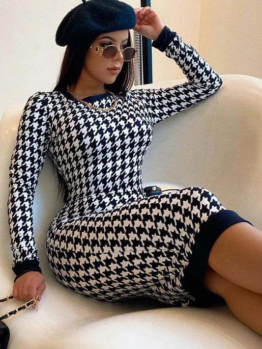 Houndstooth Long Sleeve Hollow Out Bodycon Sexy Autumn Winter Club Elegant Slim Midi Dresses