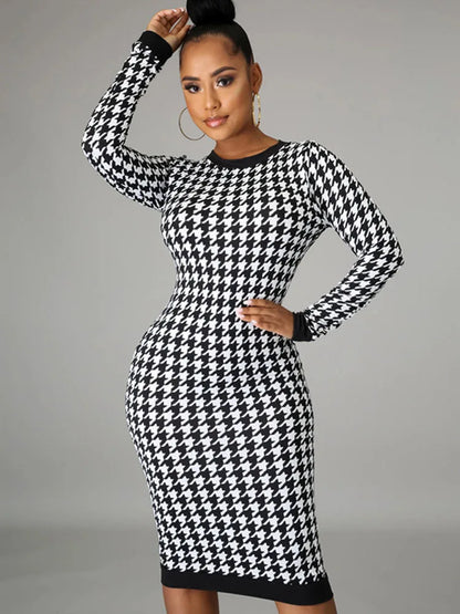 Houndstooth Long Sleeve Hollow Out Bodycon Sexy Autumn Winter Club Elegant Slim Midi Dresses