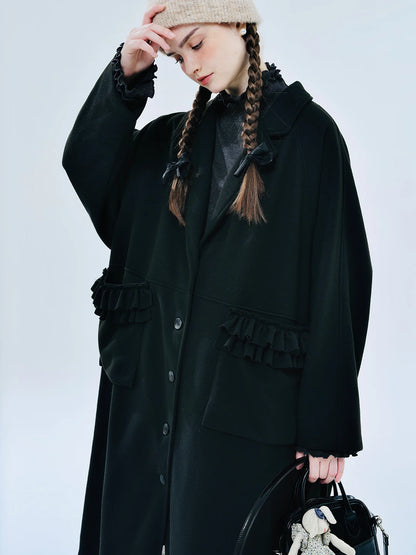 Original Black Casual Lapel Lace Patchwork Long Woolen Coat