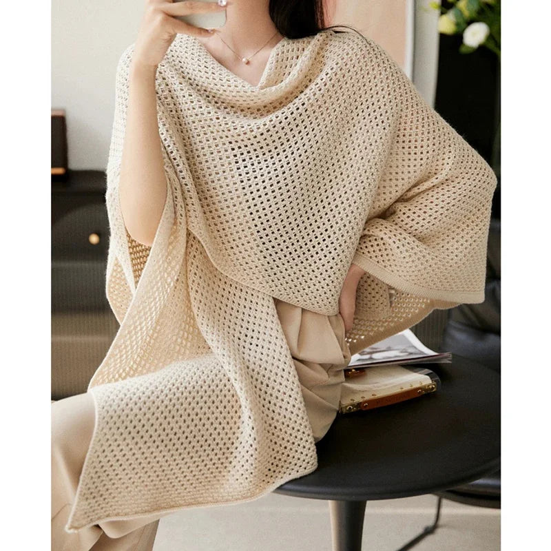 Solid Knitted Loose Office Shawl Hollow Cardigan Cape Sweater