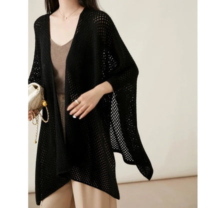 Solid Knitted Loose Office Shawl Hollow Cardigan Cape Sweater