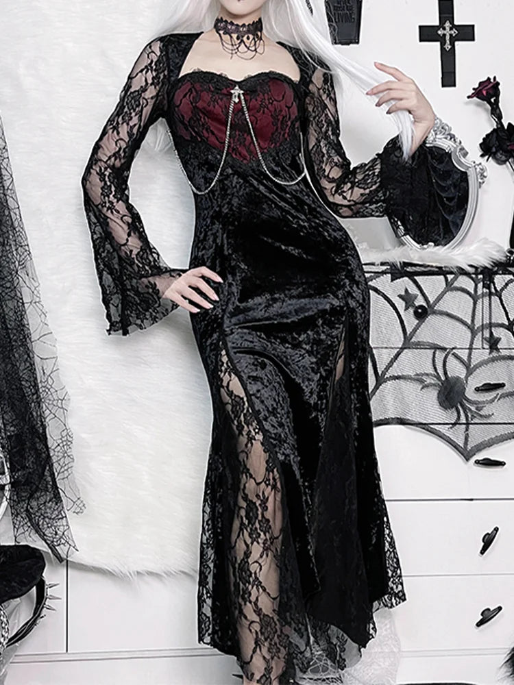 Chain Long Gothic Party Velvet High Slit Lace Patchwork Tube Maxi Bodycon Dress