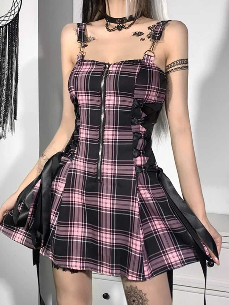 High Waist Spaghetti Strap Plaid Mini Mall Goth Grunge Punk Emo Sexy Party Zipper Aesthetic Dress