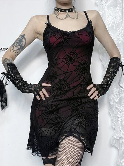 Gothic Lace Stretch Spaghetti Strap Spider Web Print Contrast Lace Cami Grunge Dress